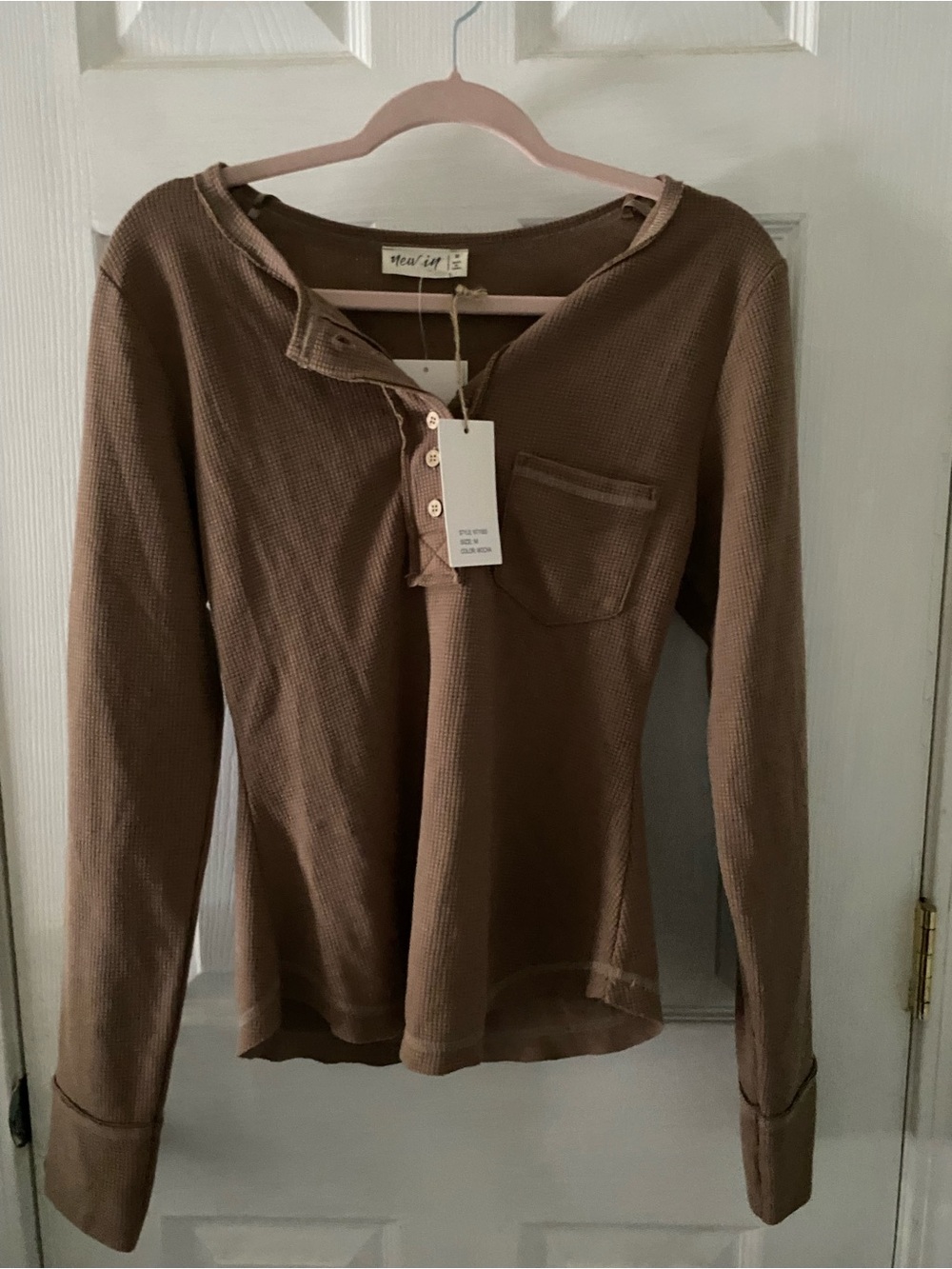 Maeve Lightweight Waffle Henley Top - Brown